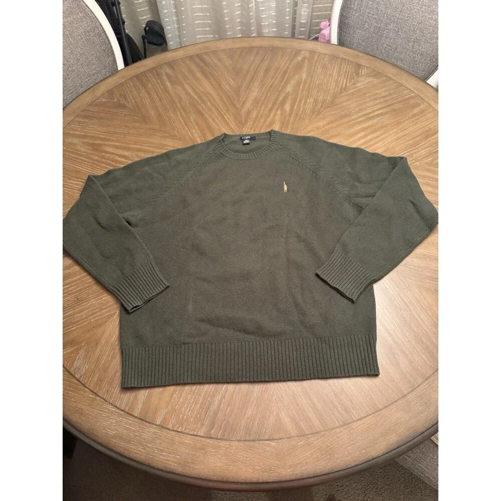 J. Crew Mens 100% Lambs Wool Sweater Size L Crew Neck Hunter Green Embroidered